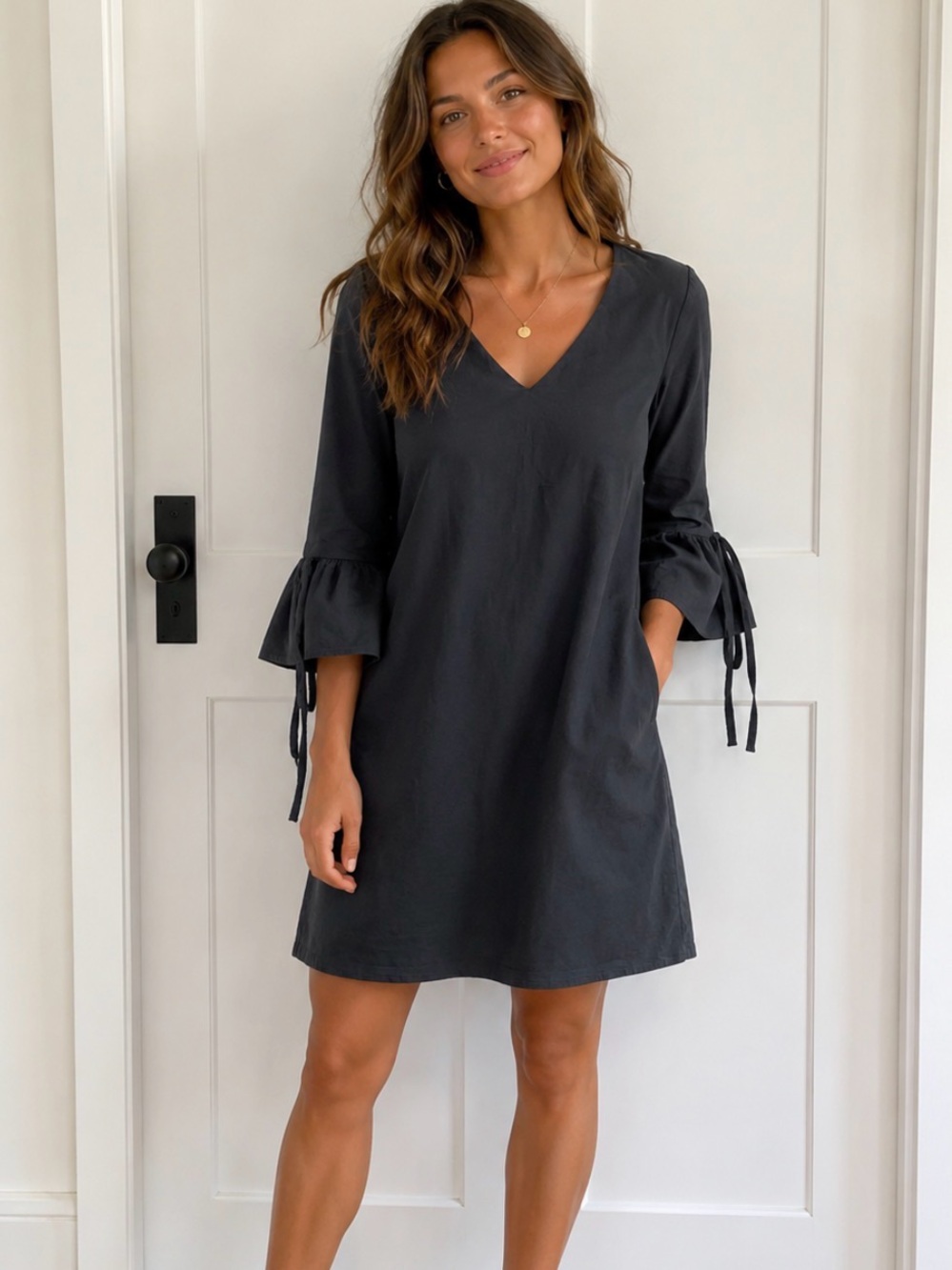 J.Crew Black V-Neck Tie-Sleeve Shift Dress